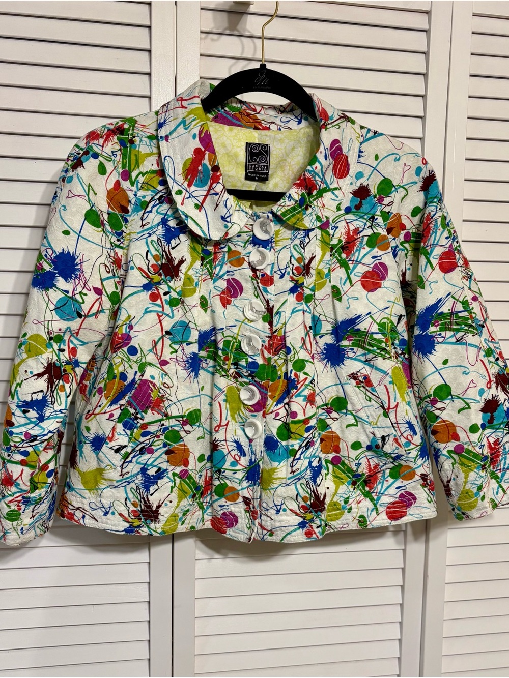 Casual Studio Peter Pan Collar Bright Multicolor Splatter Print Jacket